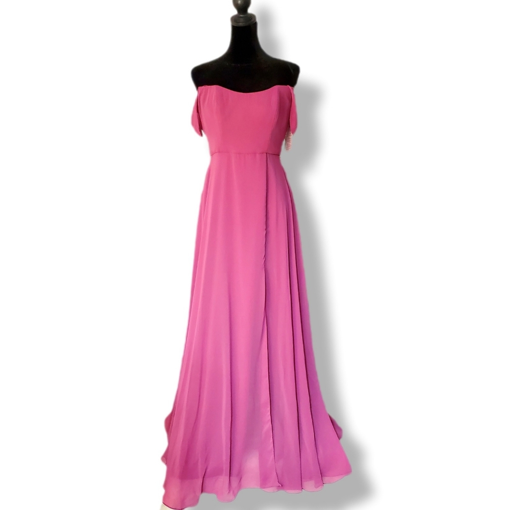 NWT After Six Elegant Lux Chiffon Off-the-Shoulder Tea Rose Maxi Dress Sz 2